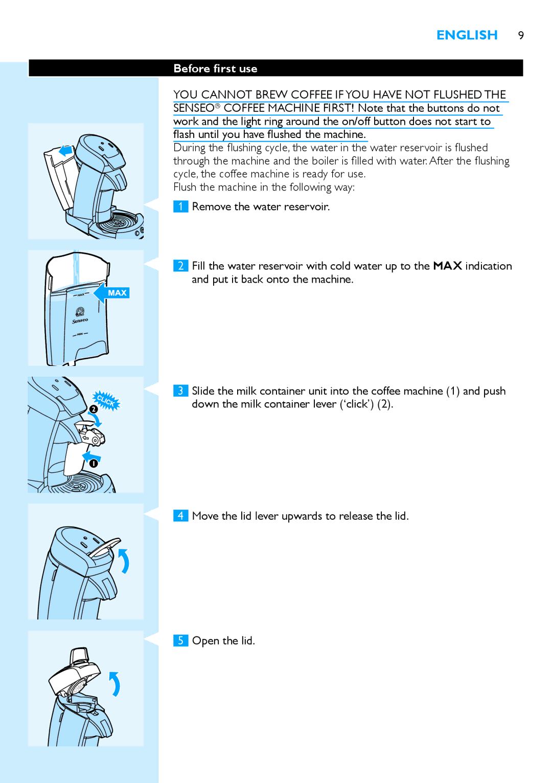 Philips HD7850 manual Before first use, Move the lid lever upwards to release the lid Open the lid 